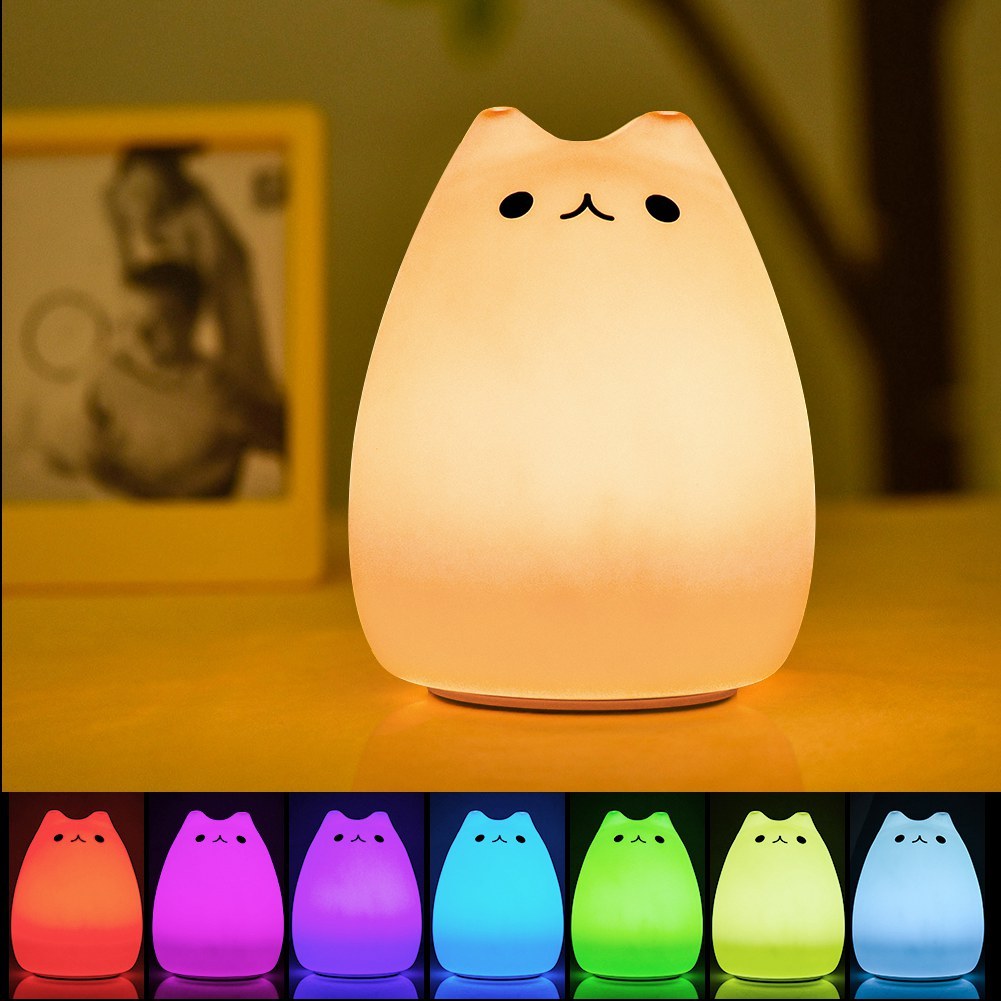 Children Night Light, EECOO Cute Cat Lamp Soft Silicone Sensitive Tap Control Decompression Toy