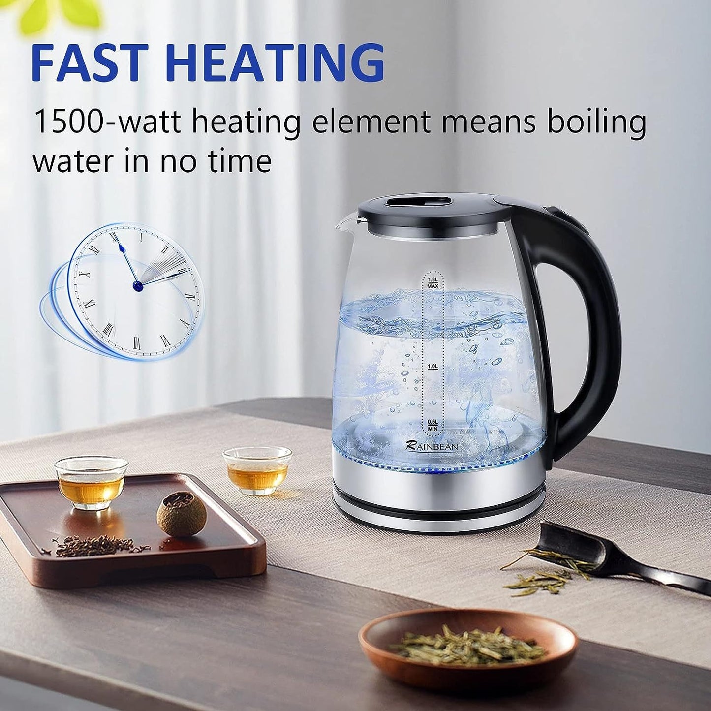 Electric Kettle 1.8L, LED Light, Auto Shut-Off & Boil Dry Safe