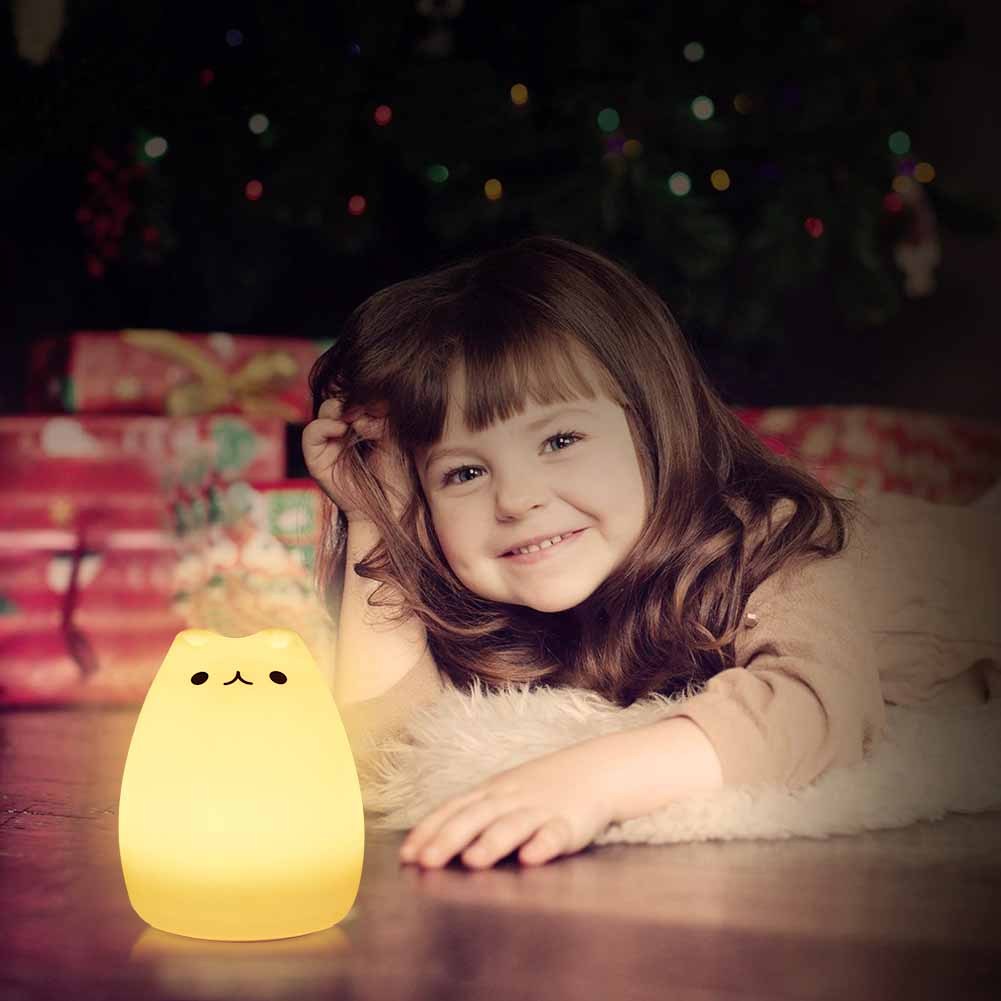 Children Night Light, EECOO Cute Cat Lamp Soft Silicone Sensitive Tap Control Decompression Toy