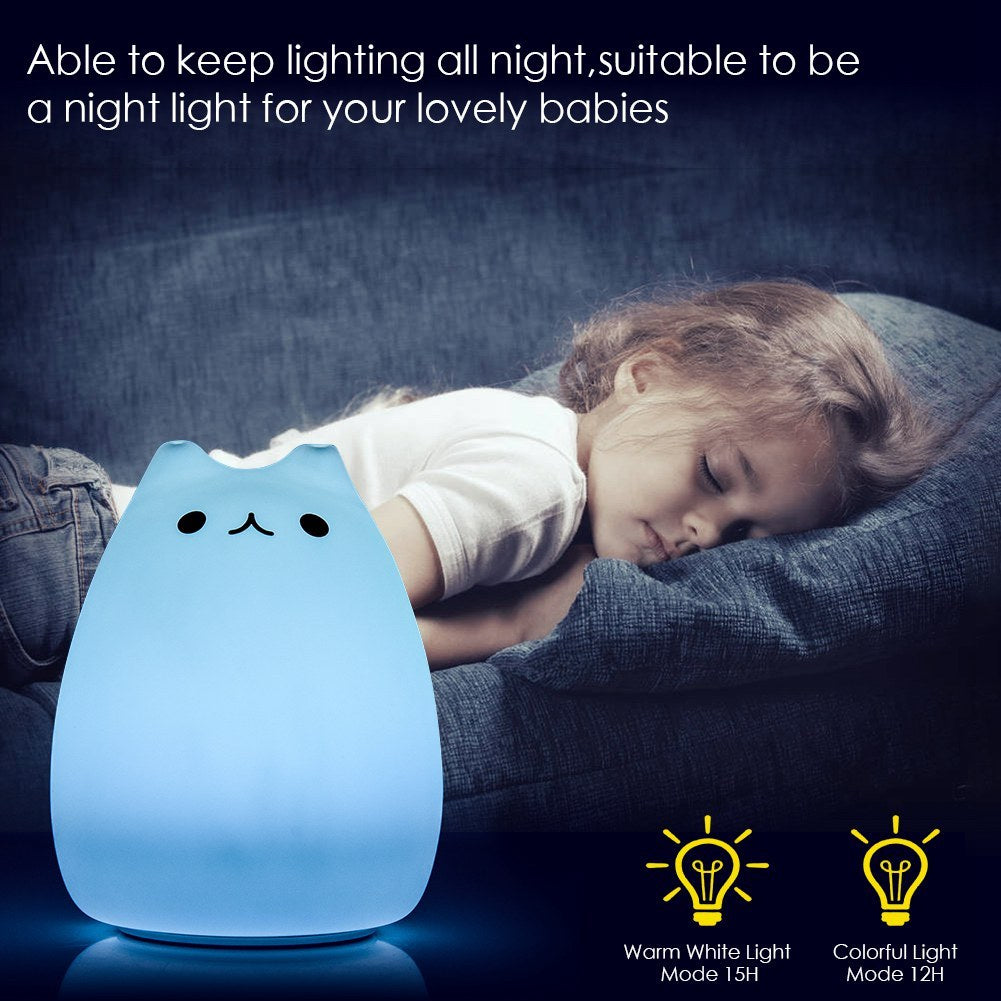 Children Night Light, EECOO Cute Cat Lamp Soft Silicone Sensitive Tap Control Decompression Toy