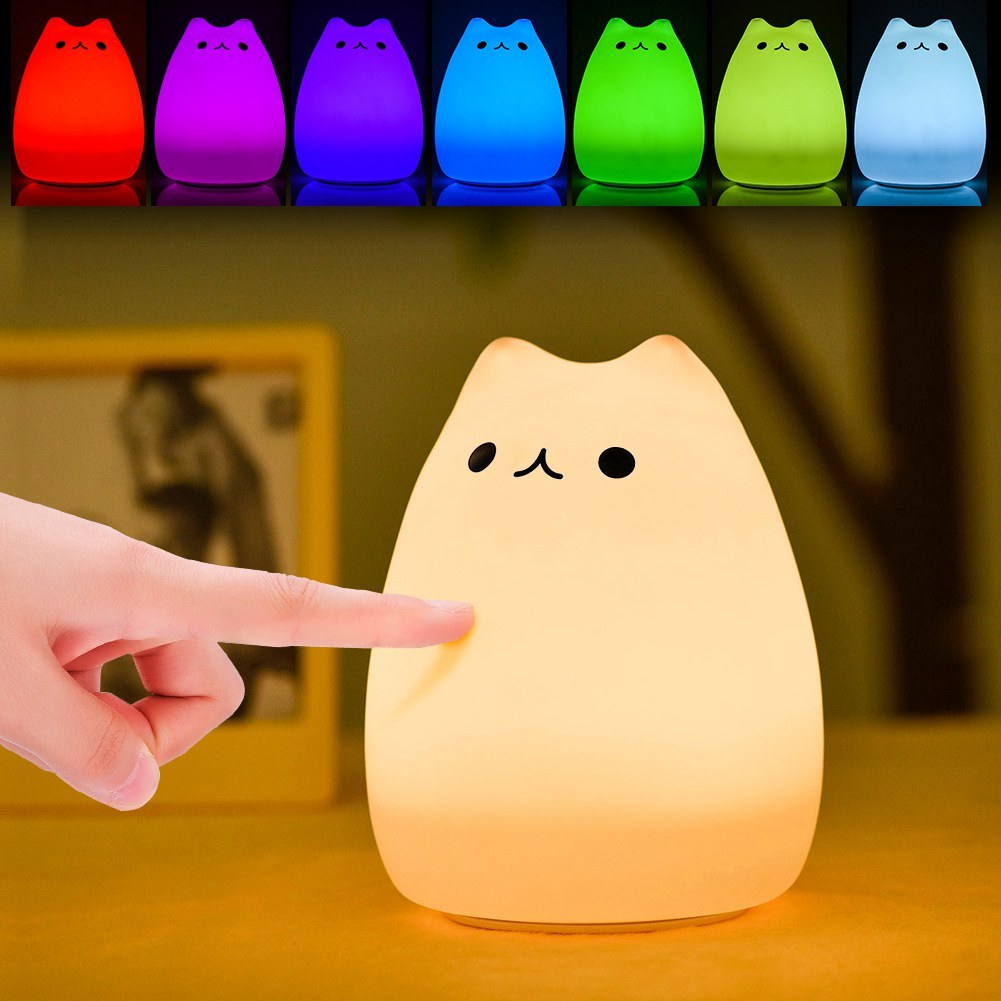 Children Night Light, EECOO Cute Cat Lamp Soft Silicone Sensitive Tap Control Decompression Toy