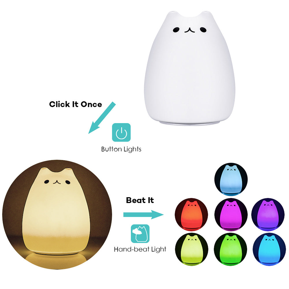 Children Night Light, EECOO Cute Cat Lamp Soft Silicone Sensitive Tap Control Decompression Toy