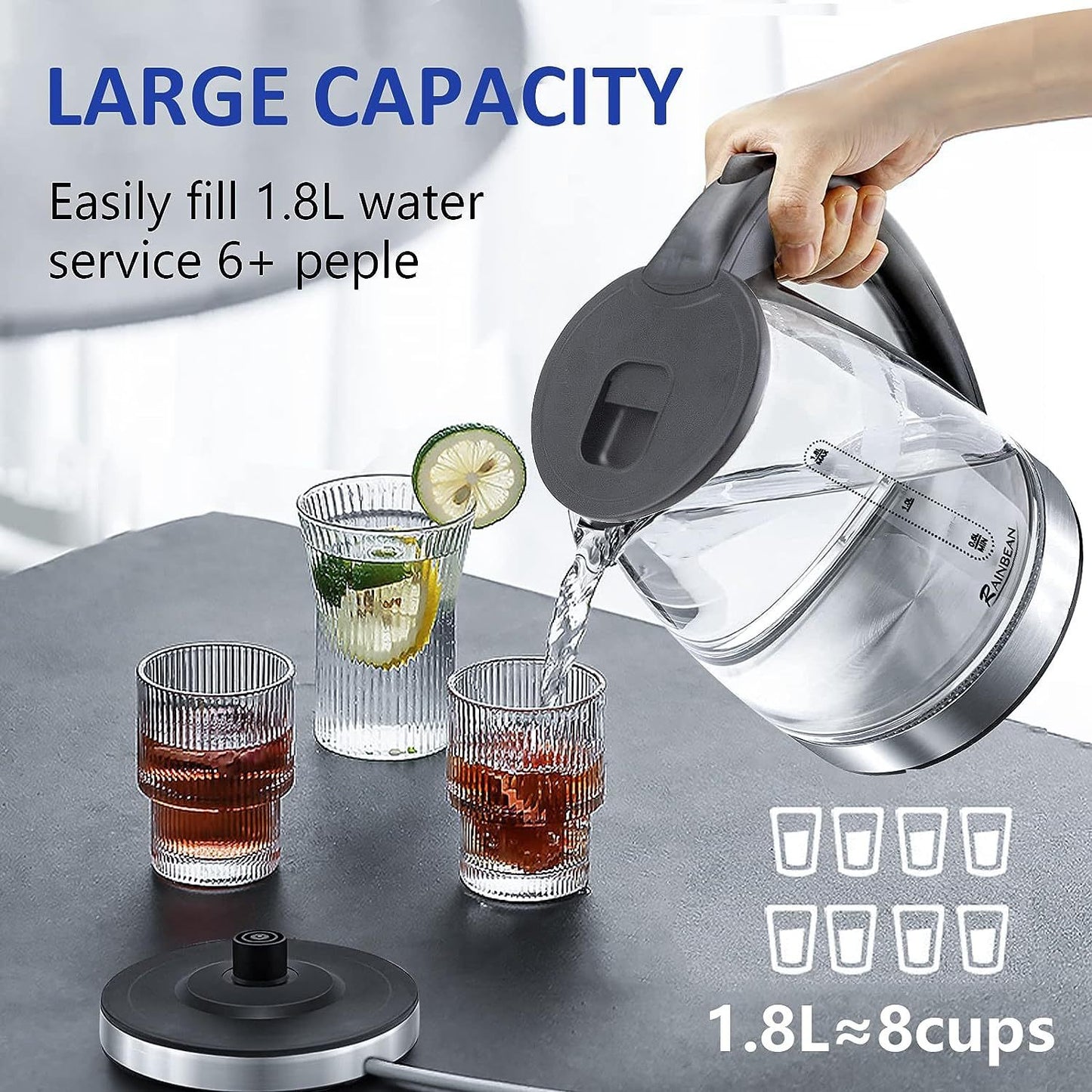 Electric Kettle 1.8L, LED Light, Auto Shut-Off & Boil Dry Safe