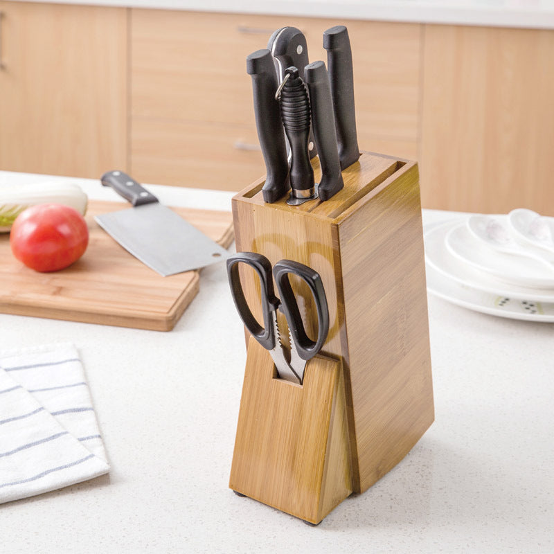 Bamboo kitchen accessories storage knife holder, designed to keep your knives organized and easily accessible. A stylish and eco-friendly addition to your kitchen for optimal storage and safety.