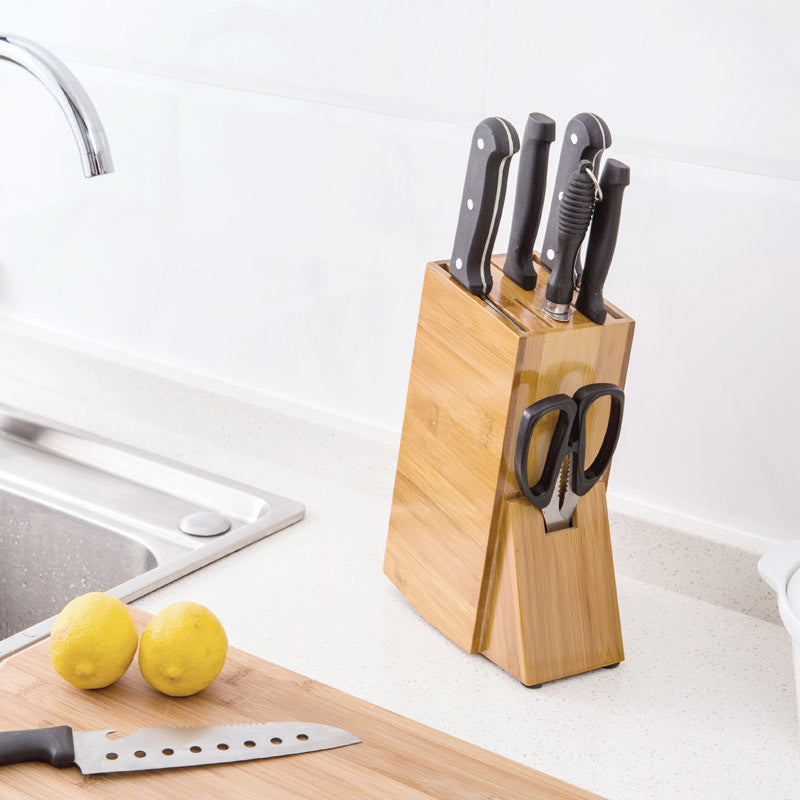 Bamboo kitchen accessories storage knife holder, designed to keep your knives organized and easily accessible. A stylish and eco-friendly addition to your kitchen for optimal storage and safety.