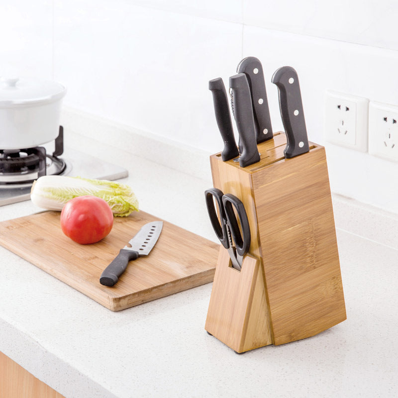 Bamboo kitchen accessories storage knife holder, designed to keep your knives organized and easily accessible. A stylish and eco-friendly addition to your kitchen for optimal storage and safety.