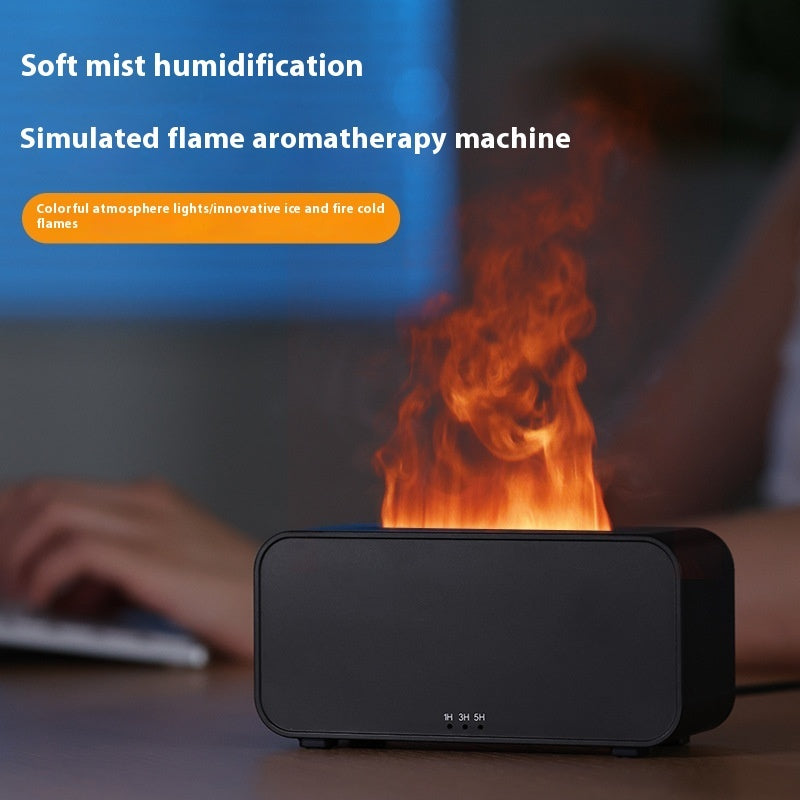 Timing simulation aroma diffuser and USB household flame humidifier. This aromatherapy machine sprays mist and creates a calming atmosphere, combining humidifying and diffusing functions for a soothing experience.