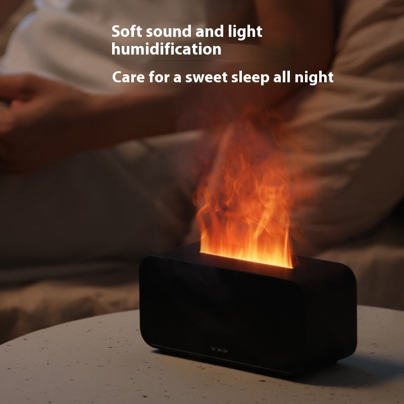 Timing simulation aroma diffuser and USB household flame humidifier. This aromatherapy machine sprays mist and creates a calming atmosphere, combining humidifying and diffusing functions for a soothing experience.