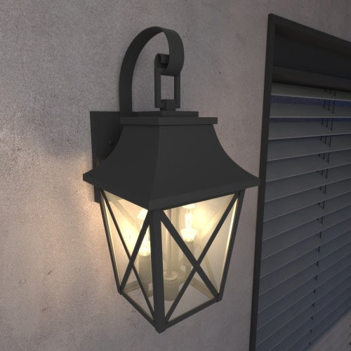 Large modern outdoor wall light with 2 bulbs, designed to provide stylish illumination for outdoor spaces.