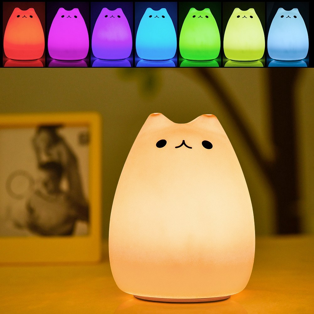 Children Night Light, EECOO Cute Cat Lamp Soft Silicone Sensitive Tap Control Decompression Toy