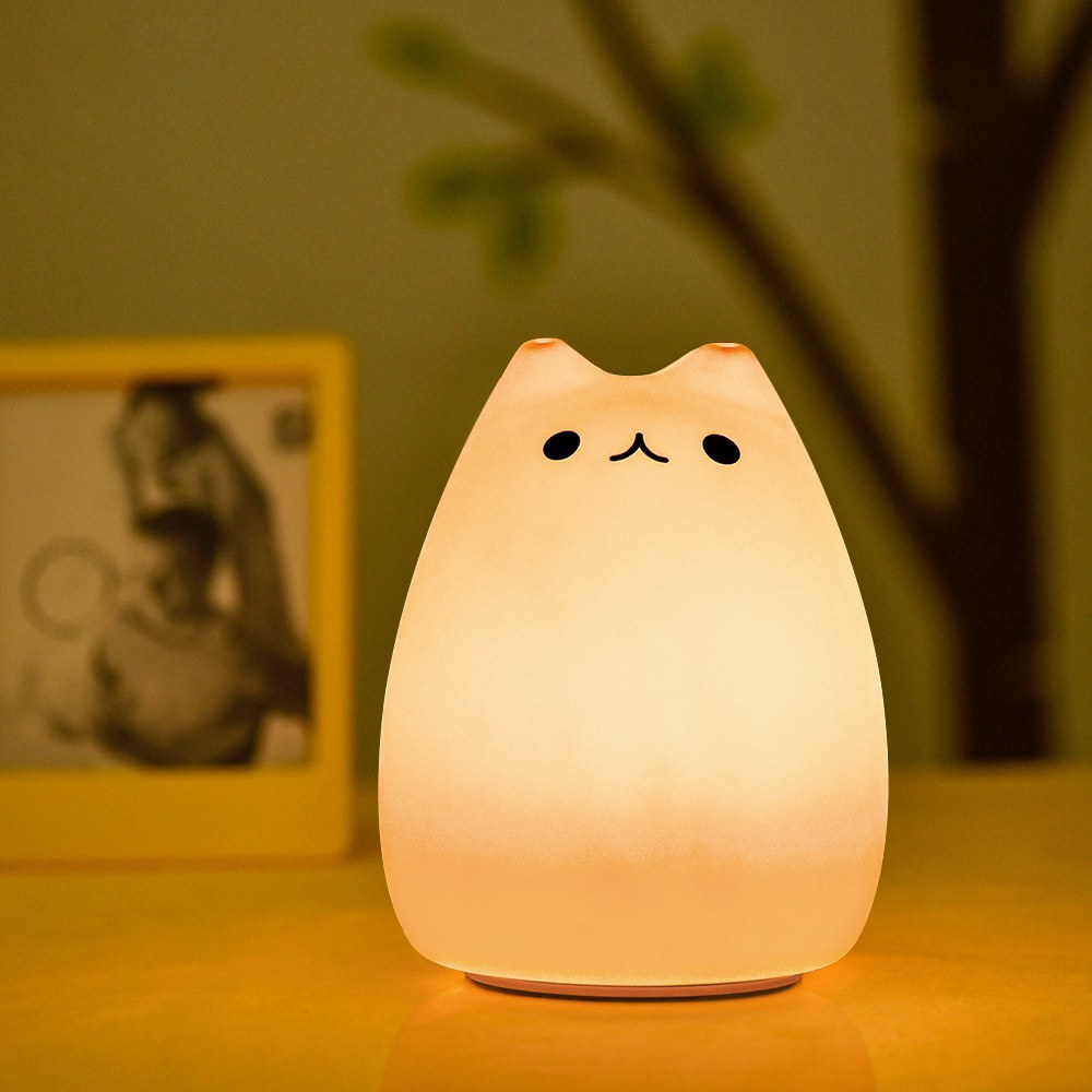 Children Night Light, EECOO Cute Cat Lamp Soft Silicone Sensitive Tap Control Decompression Toy