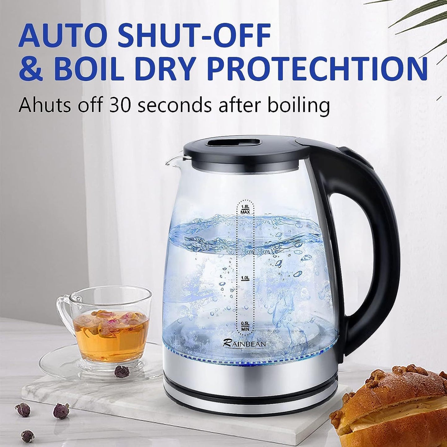 Electric Kettle 1.8L, LED Light, Auto Shut-Off & Boil Dry Safe